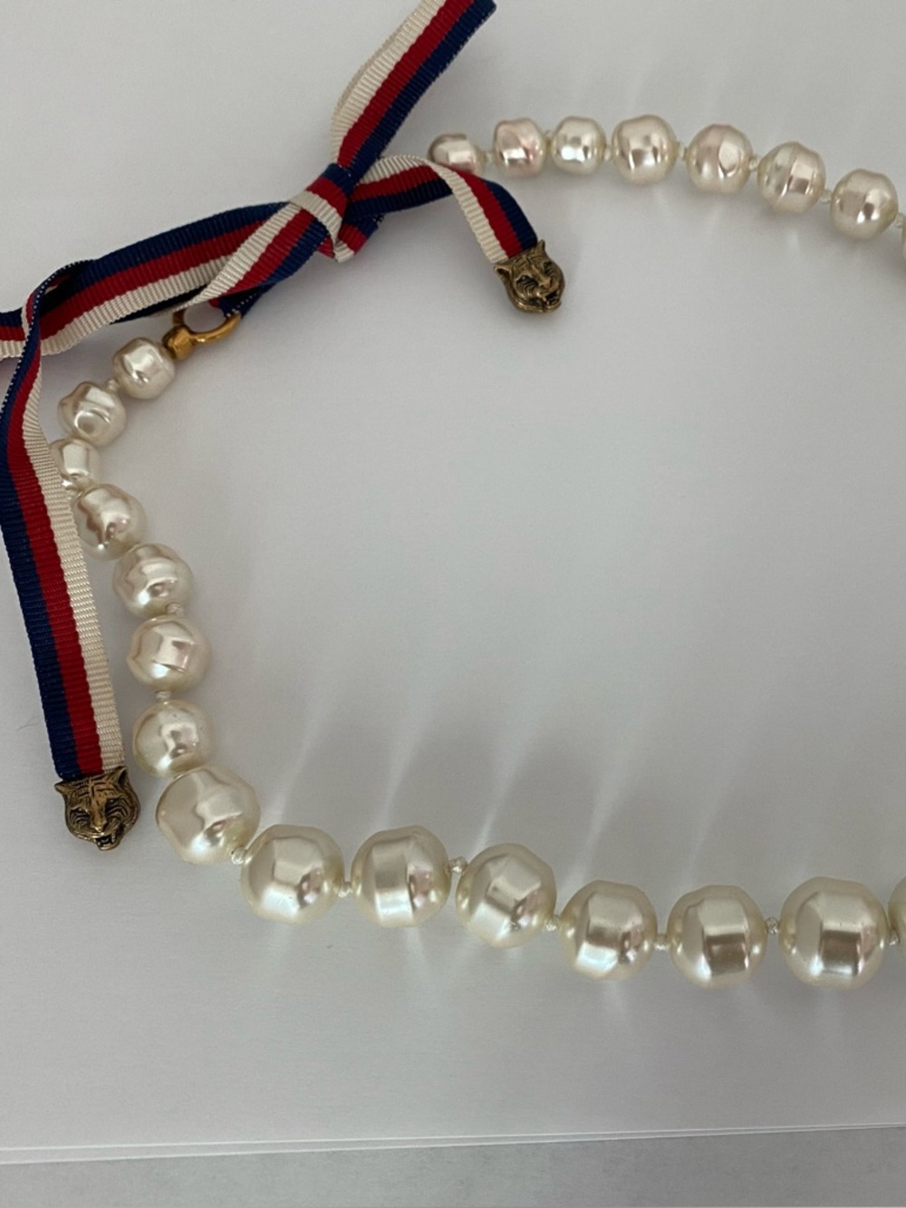 Gucci sylvie rare baroque faux pearl with red white and blue ribbon necklace.